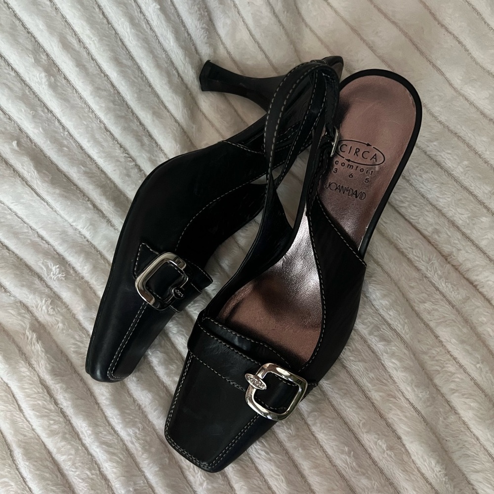 Joan & David Leather square toe buckle office siren kitten heel